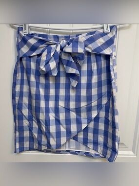 Adrienne Blue and White Gingham Asymmetrical Faux Wrap Skirt